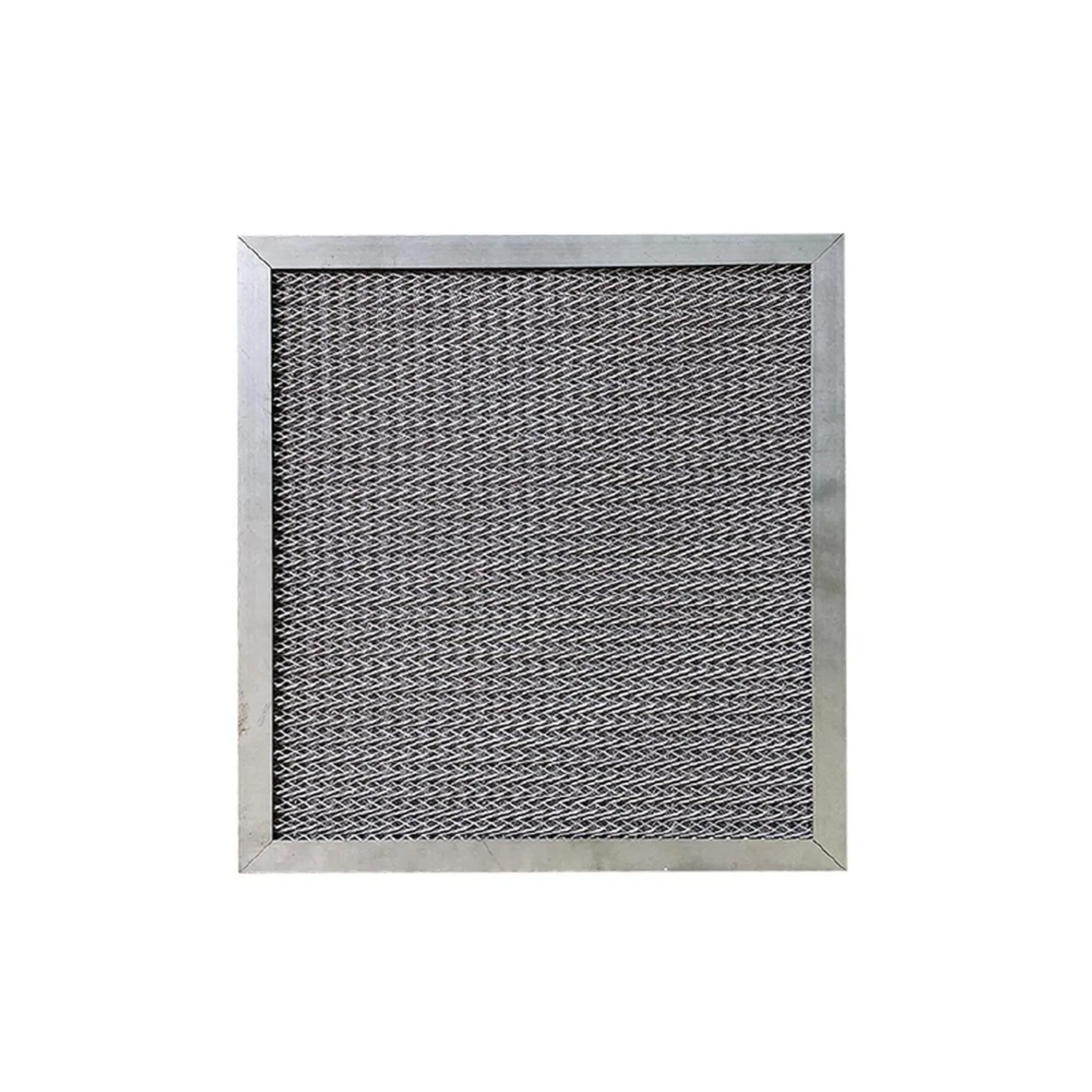Coarse filter panel of expanded metal mesh in a frame, photographed on a white background.