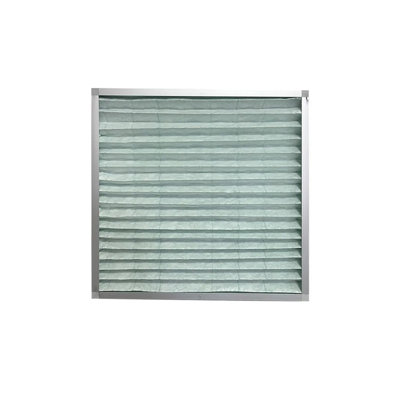 Rigid panel filter with pleated media in a shallow frame, photographed on a white background.