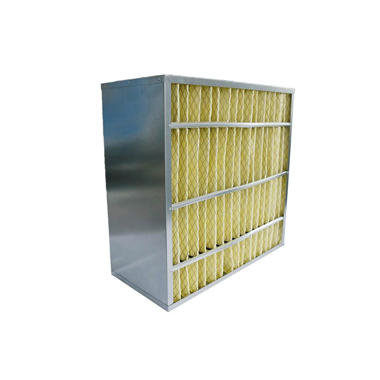 Box filter with pleated packs in a deep metal casing, photographed on a white background.