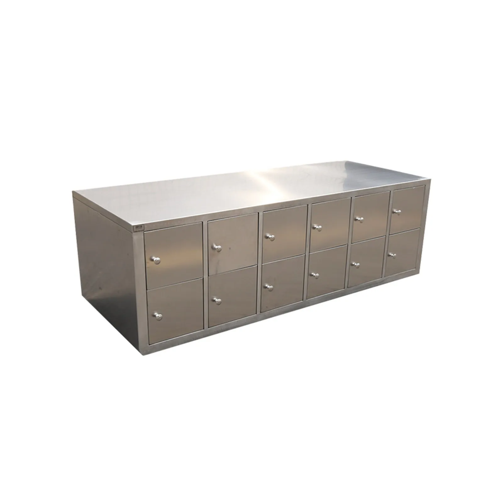Low stainless steel shoe cabinet with several doors, photographed on a white background.