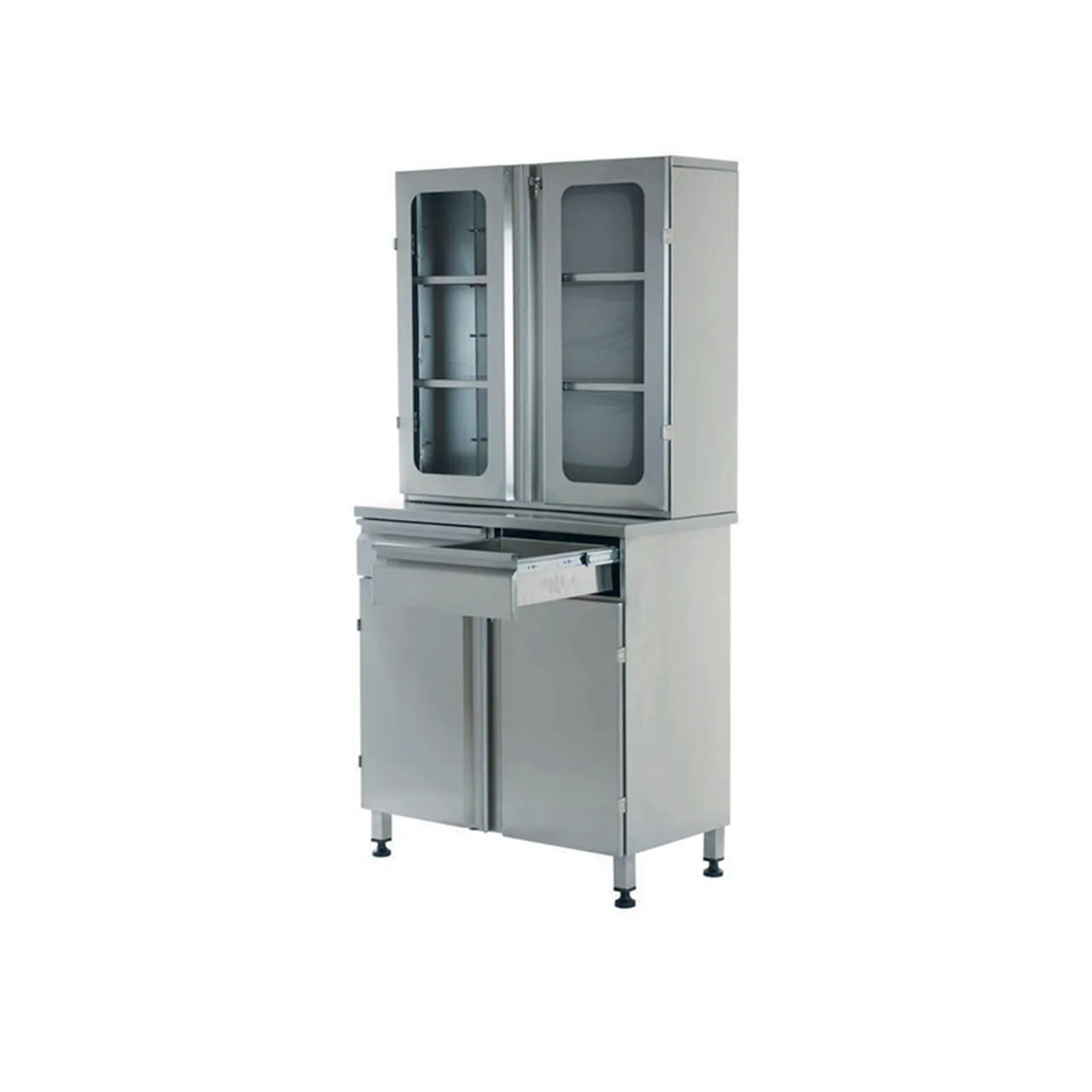 Tall stainless steel cabinet with glass doors, photographed on a white background.