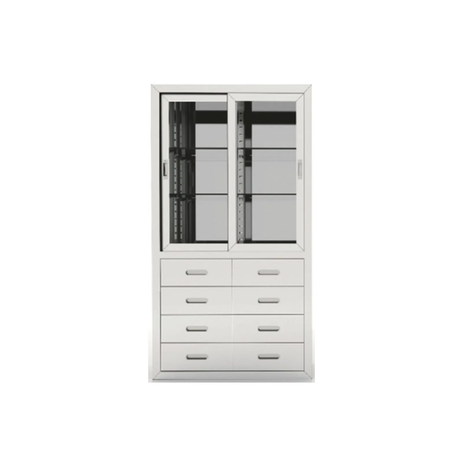 Stainless steel storage cabinet with solid doors, photographed on a white background.