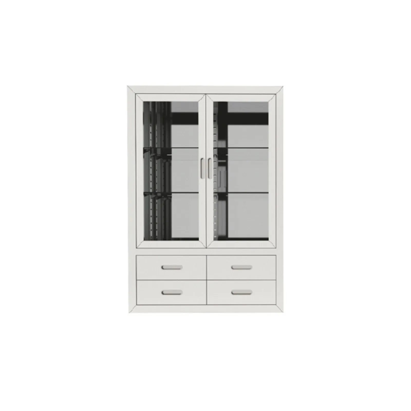 Stainless steel cabinet with doors and a drawer bank, photographed on a white background.