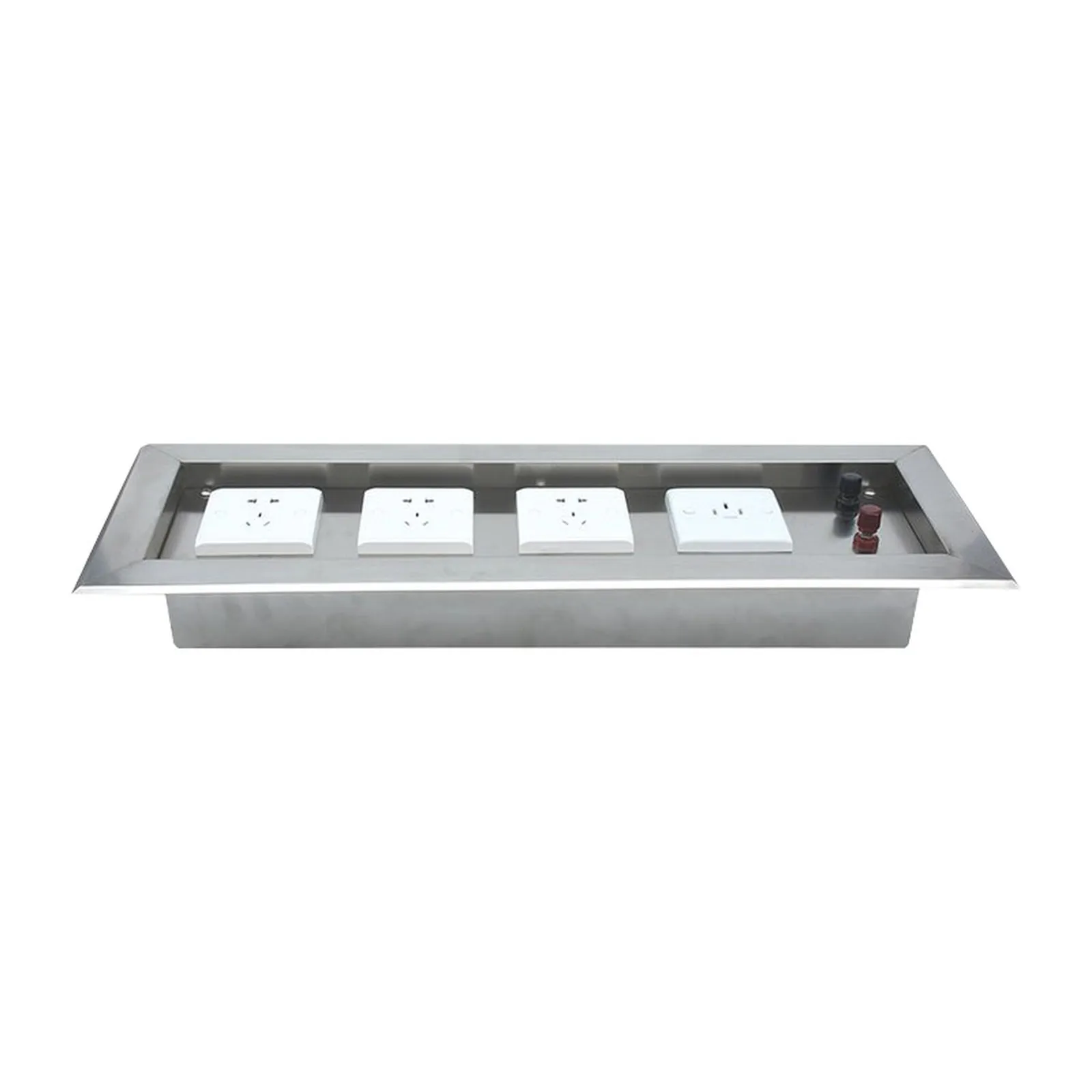 Wall-mounted stainless steel panel with circular outlets and switches, photographed on a white background.